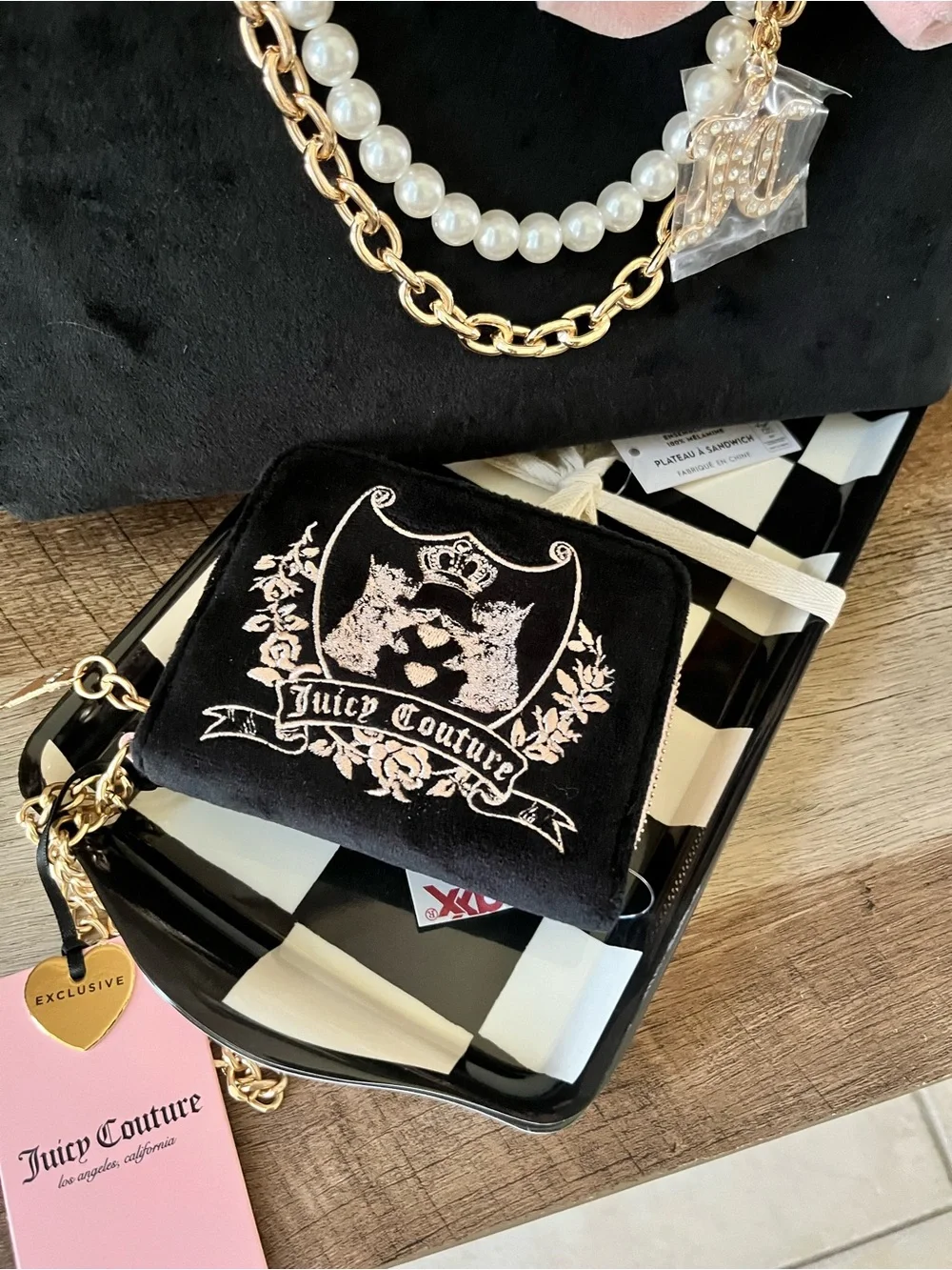 Juicy Couture Black Velour Scottie Crest Zip Around Wallet Charm Y2K Aesthetic